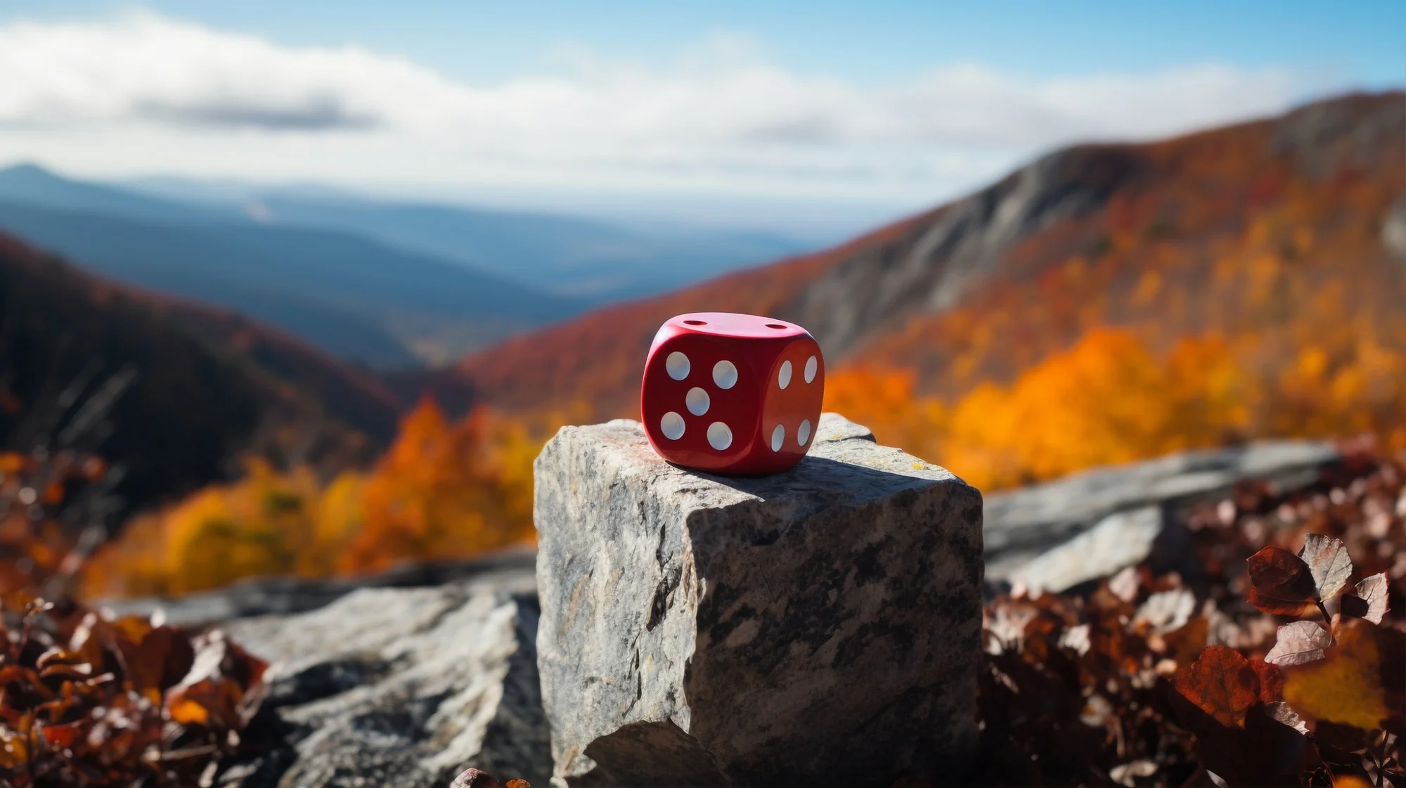 Red dice on a rock overlooking a Montana mountain landscape
